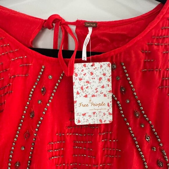 NWT free people red satin beaded mini dress with flutter sleeves - Picture 2 of 5